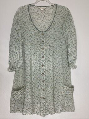 April Cornell Green Floral Button-Front Tunic CottageCore Pockets M